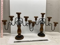 Vintage Wood & Metal Candelabra Candlesticks