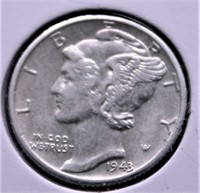 1943 D MERCURY DIME  AU