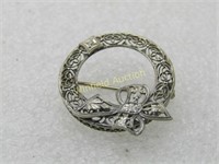 Vintage 14kt Filigree Circle Bow Diamond Brooch, 3