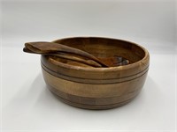 Wooden Salad Bowl w/ Fork & Spoon Lot A