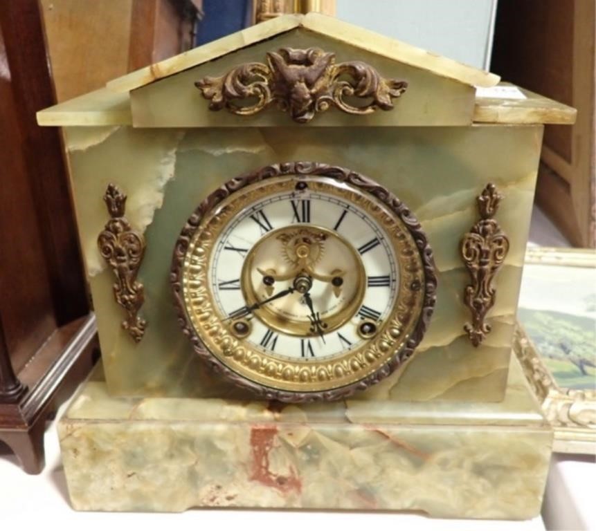 ANSONIA GREEN MARBLE MANTLE CLOCK  11" TALL