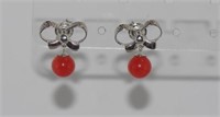 Silver and coral dangling earrings