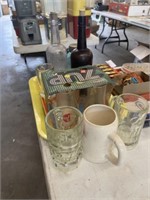 vintage trey, bottles, glasses, and mugs