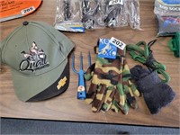 2 PAIR OF GLOVES, HAT AND FISHING FORK