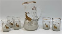 GREAT ANTIQUE ICE WATER PITCHER SET WITH DEER