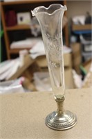 Sterling Base Etched Glass Stem Vase