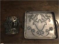 PINCHED TIN TRAY & TIN HANDMADE HAMMERED OUT CANDL