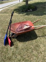 Wheelbarrow, plastic leaf rack, 2 snow shovels