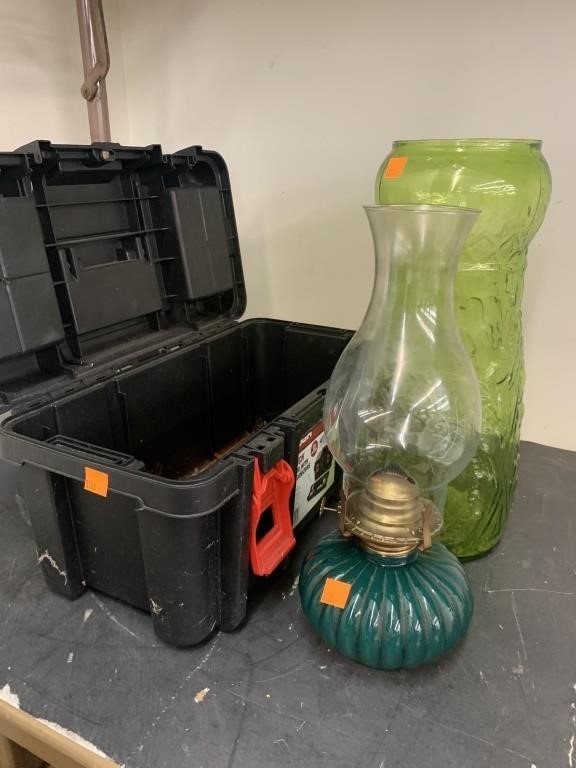 Toolbox, oil lamp, large vase