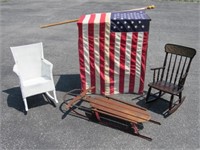 CHILD'S ROCKERS, SLED & U.S. FLAG: