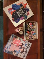 Vintage sewing magazines and wood thread spools