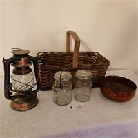 Lantern, basket, wood bowl & mason jars