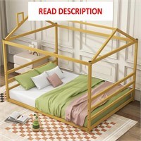 Metal House Shape Platform Bed  Gold  Queen