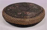 Rattan sewing basket, decorated lid, 9.5" dia.,