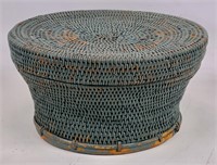 Rattan sewing basket, blue paint, sloped sides,