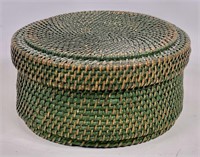 Rattan sewing basket, green paint, 9" dia., 4.5" t