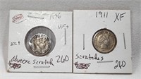 1896, 1911 Dimes VF-XF (Scratches)