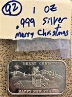 1 oz .999 silver bar Merry Christmas