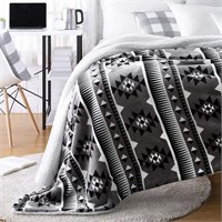 Sherpa Blanket - Throw, Grey Aztec Stripe - Twin
