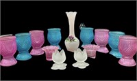 (8) Satin Glasses, (4) Candle Holders & Vase