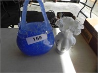 Blue Art Glass Purse Vase, Snow Vase with Violets