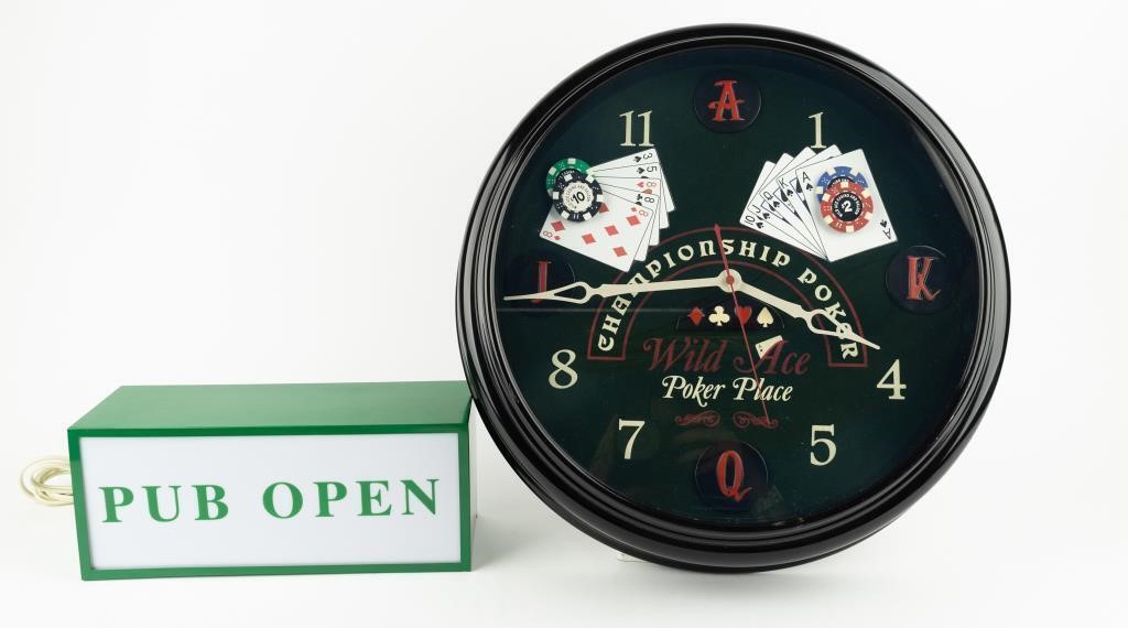 Vintage Poker Themed Clock & Pub Open Sign