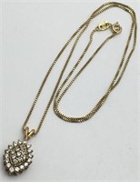 Sterling Gold Tone Box Chain W Clear Stone Pendant
