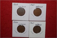 (4) Two Cent Piece Coins 1864 to 1867 Mix