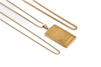 24K GOLD BAR PENDANT AND THREE GOLD CHAINS, 27g