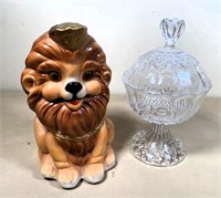 Lion chalkware bank & covered compote