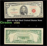 1963 $5 Red Seal United States Note Grades vf++