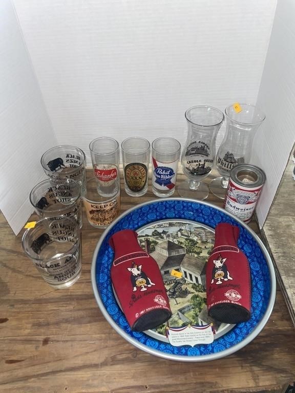 Beer drinking glasses , serving tray, beer cozy