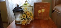 Yellow depression glass cookie jar, floral,