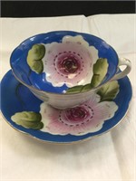 Hand Painted Japan Cup Saucer Pink Flower On Blue