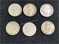 3) V-Nickels & 3) Buffalo nickels