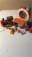 Vintage wooden train, cabbage patch figurines and