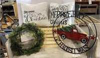 Christmas Sign, Wreath, 2 Pillows, Wooden Box