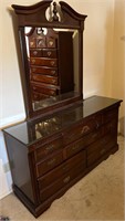 Queen Anne Style Glass Top Dresser w Mirror