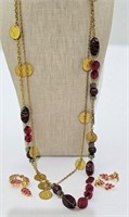 Coin & Red Resin Bead Necklace