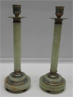 2 ALABASTER & CLOISONNE CANDLE STICKS 12"H VERY