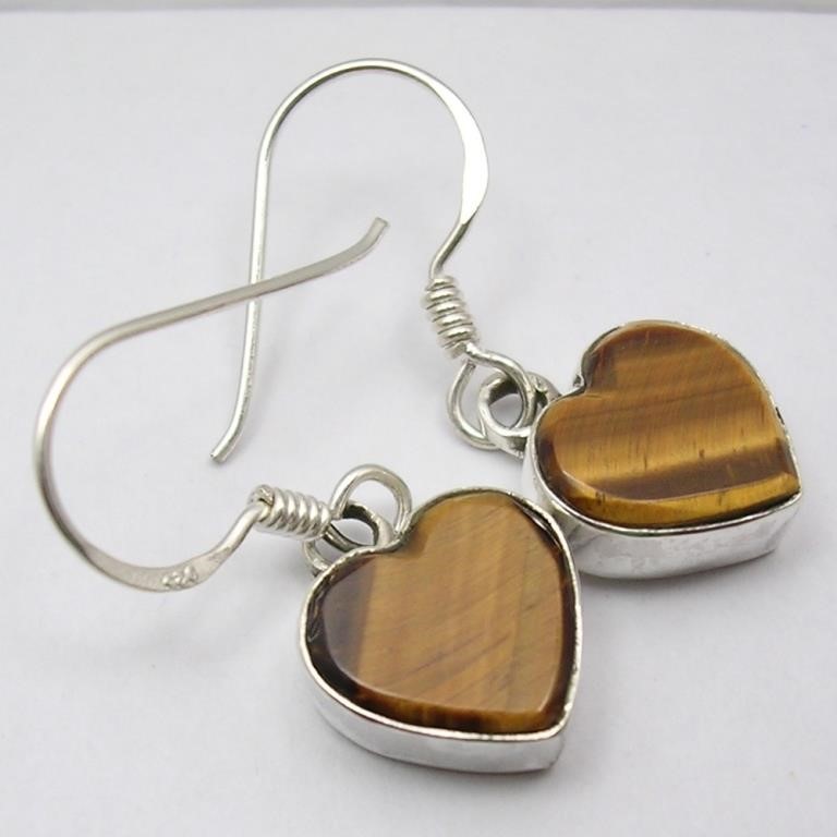 925 Sterling Silver Tiger's Eye Earrings 1.1"