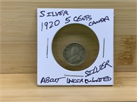Silver 5 Cents 1920 Canada, About Uncirculated