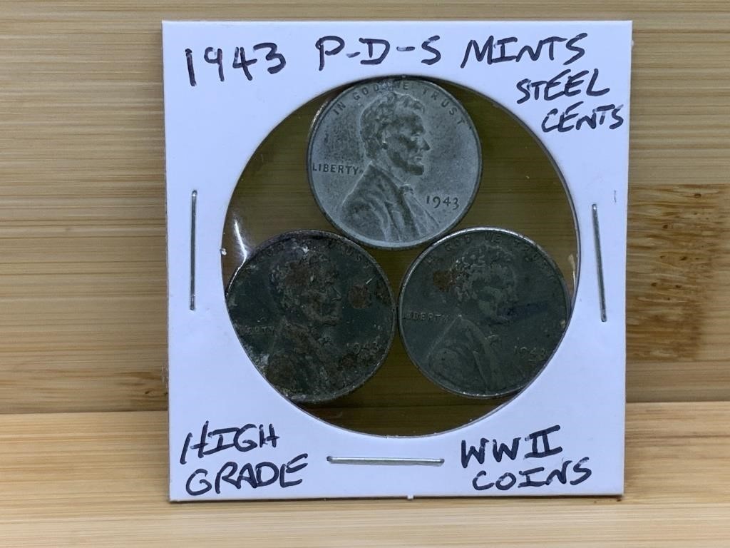 1943 P-S-D Mints Steel Cents WWII Coins, Higher