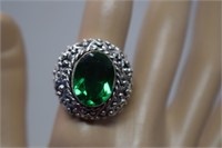 Large Silvertone Ring w/ Green Stone