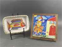 Signed Desimone Fish Plate & Hand Painted Tile