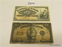 2 Canadian Twenty Five Cent Shinplaster Bills