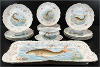 Antique Porcelain Fish Platter, Sauce & Plates