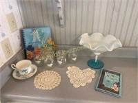 Vintage Art Glass Compote Dish, Doilies and More