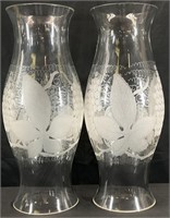 Pair XL Antique Etched Hurricane Globes