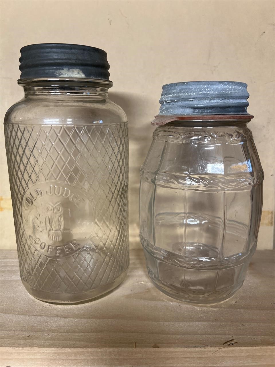 Lot of two products jars, one coffee and barrel